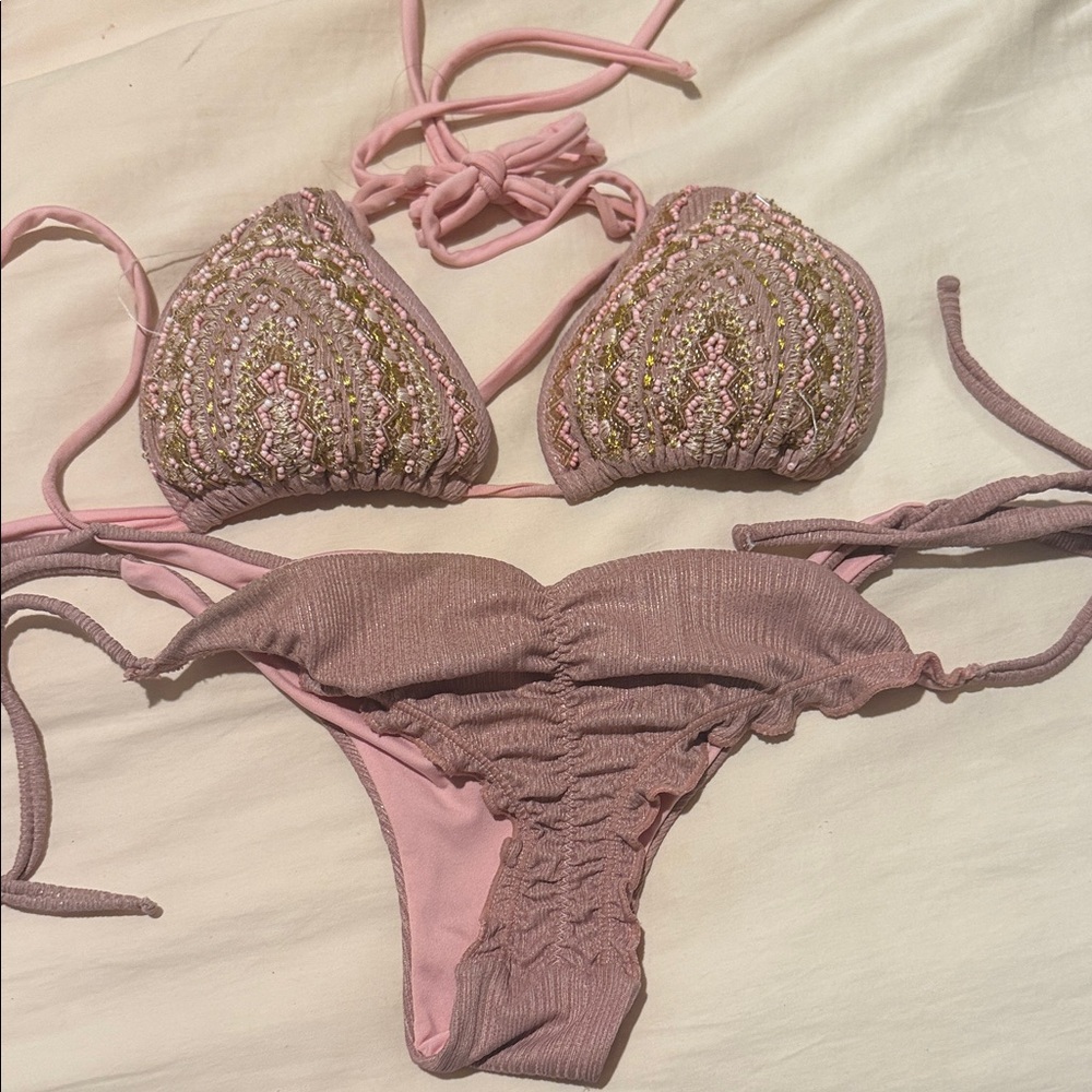 Pink and Gold Beaded Bikini Set